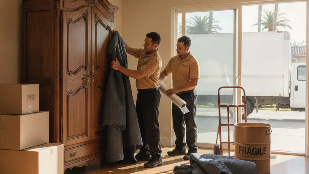 Movers in golden tan polos carefully wrapping an antique armoire in moving blankets before a San Diego move