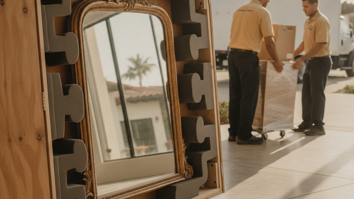 Close-up of a custom plywood crate with foam inserts protecting an antique mirror