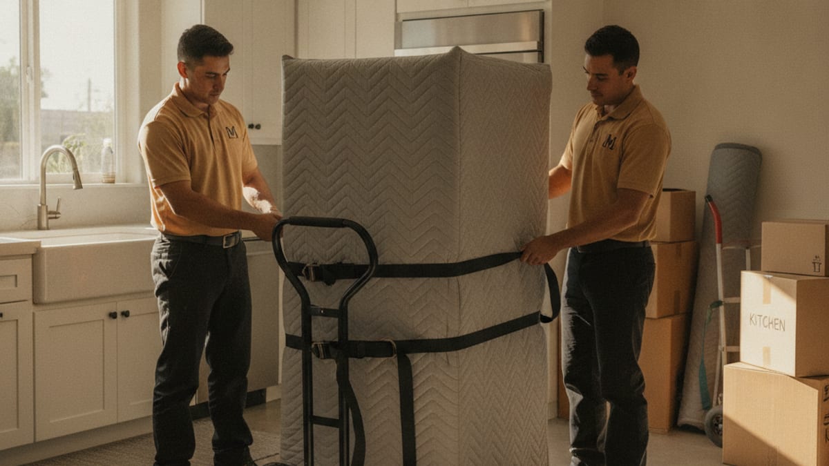 Two movers in golden tan polos strapping a blanket-wrapped stainless refrigerator onto a heavy-duty appliance dolly in a San Diego kitchen