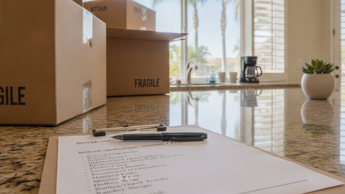 Clipboard with a printed mover verification checklist and pen on a San Diego kitchen counter