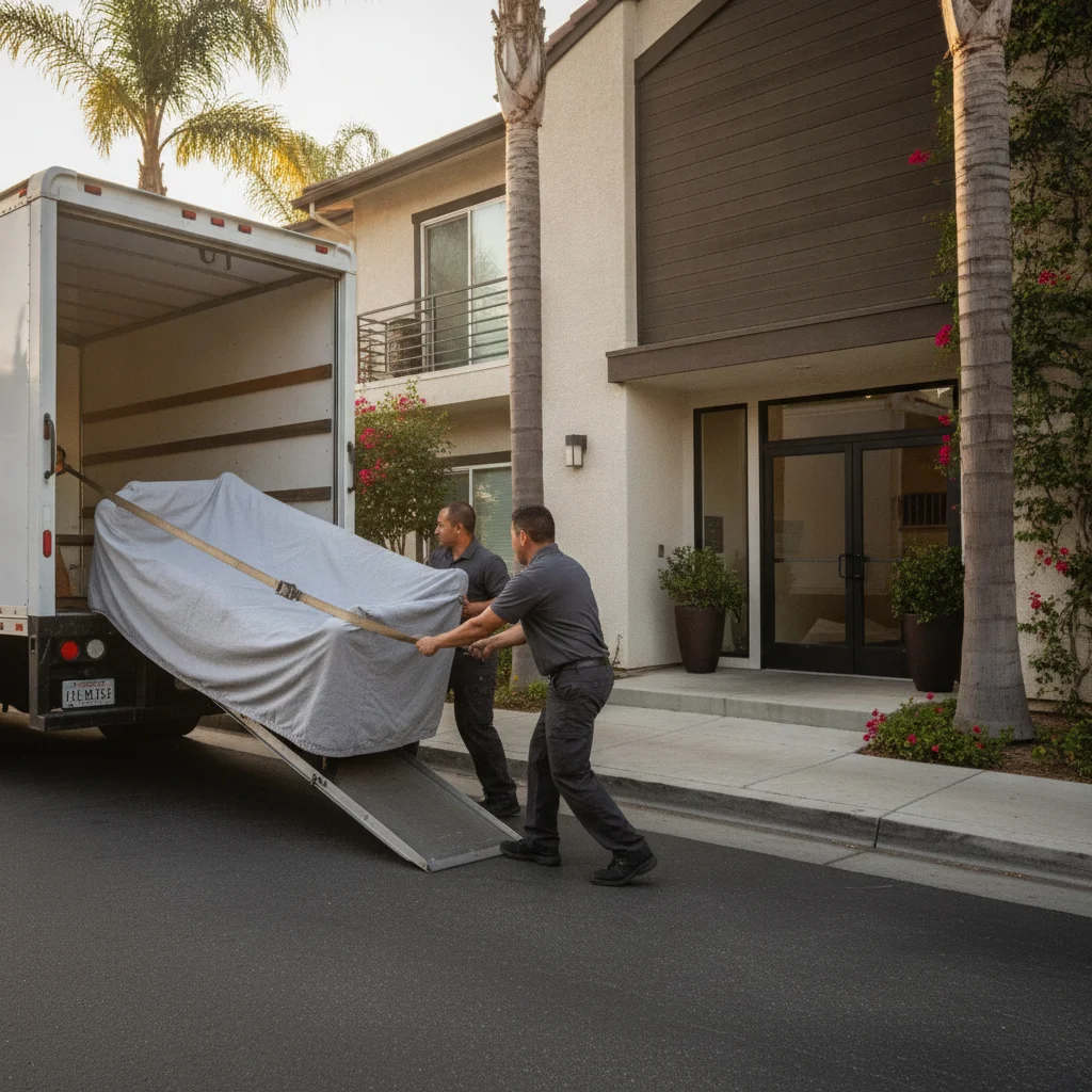 Movers carrying a wrapped sofa toward a Chula Vista apartment entrance