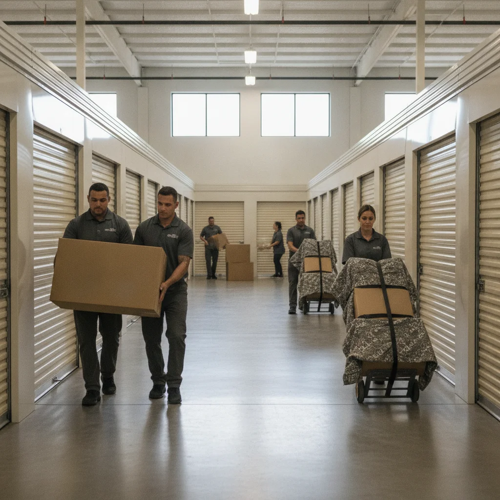 A well-lit indoor storage corridor lined with roll-up unit doors
