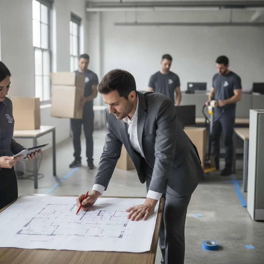 Manager reviewing an office floor plan while movers work nearby