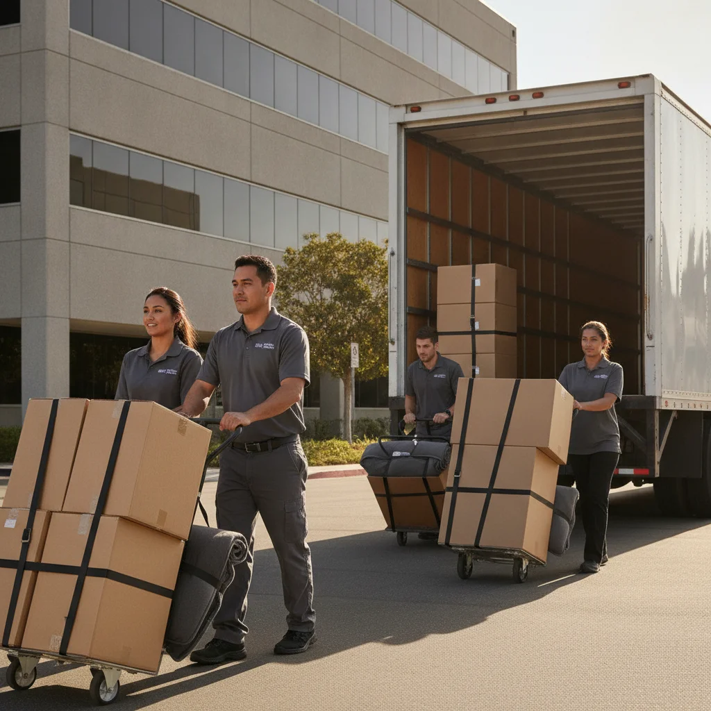 Independent movers rolling office crates toward an unbranded truck
