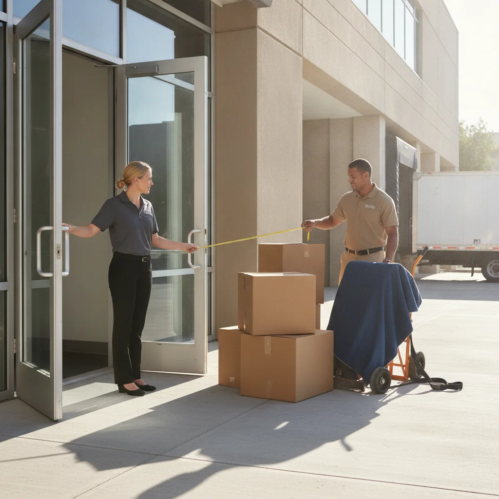 Office manager and mover measuring a path between a suite and parking area