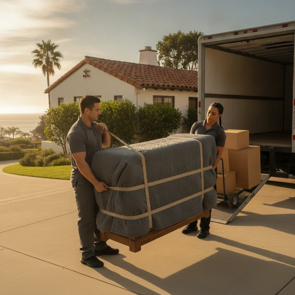 Movers carrying a wrapped dresser toward a truck outside a Coronado home