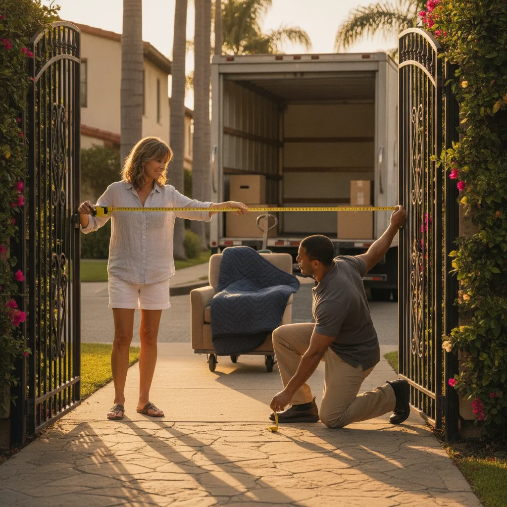 A homeowner and mover measuring a residential gate and carry path in Coronado