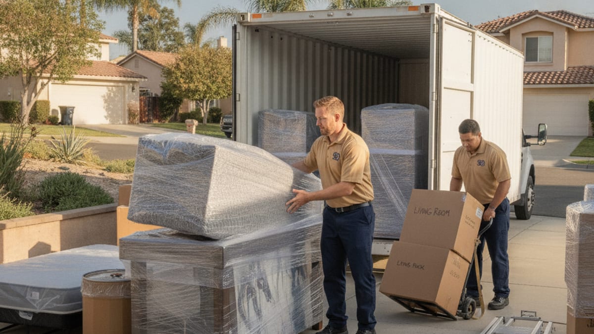 Mover in a golden tan polo loading wrapped furniture into a portable moving container on a San Diego driveway