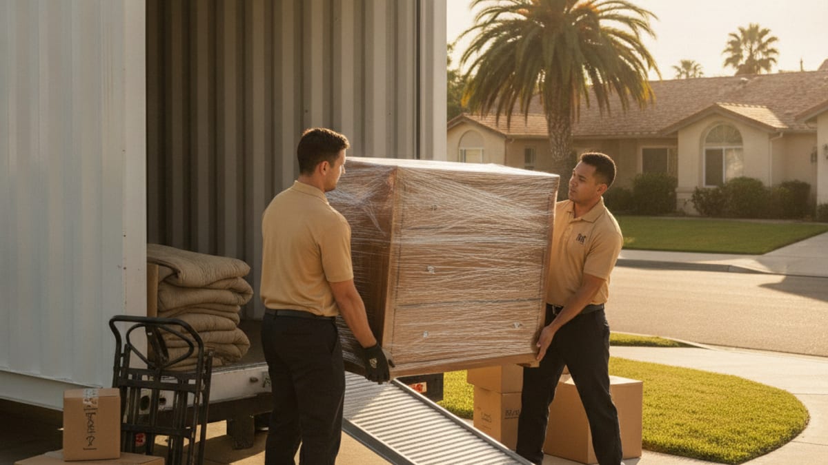 Two movers in golden tan polos lifting a wrapped dresser into a portable storage container