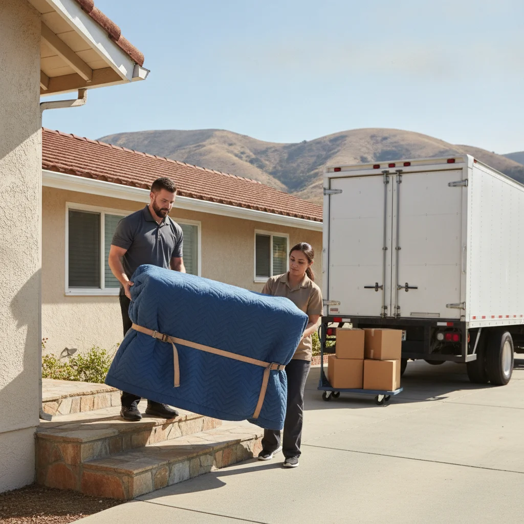 Movers carrying a wrapped dresser outside an Escondido home