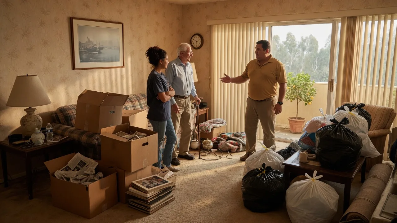 Adult child and older parent sorting keep boxes and donation bags with a mover