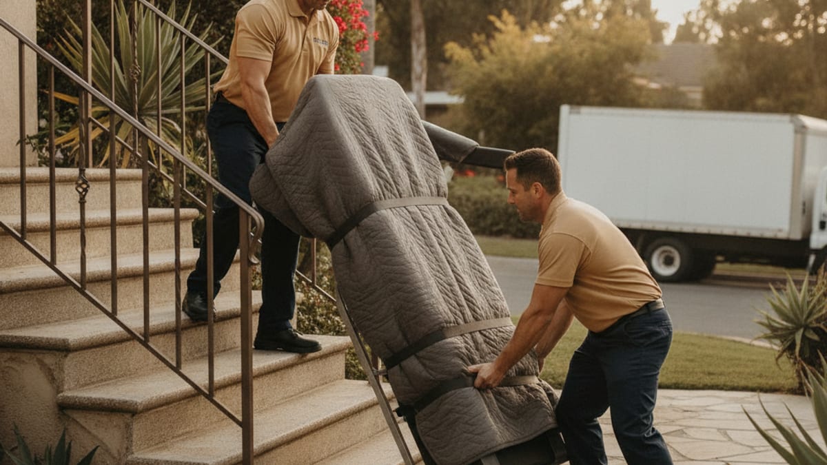 Two movers in golden tan polos carrying a blanket-wrapped treadmill down a San Diego staircase with a furniture dolly