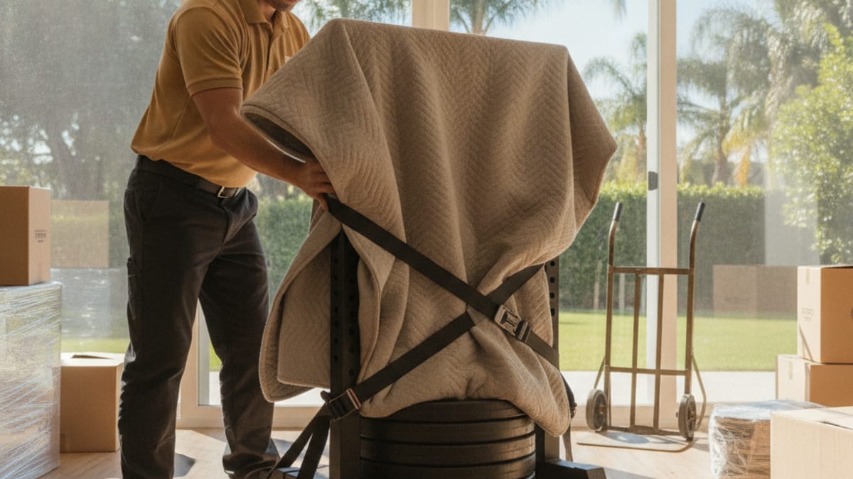 A mover in a golden tan polo strapping a blanket-wrapped weight rack and stacked plates onto a furniture dolly in a home gym
