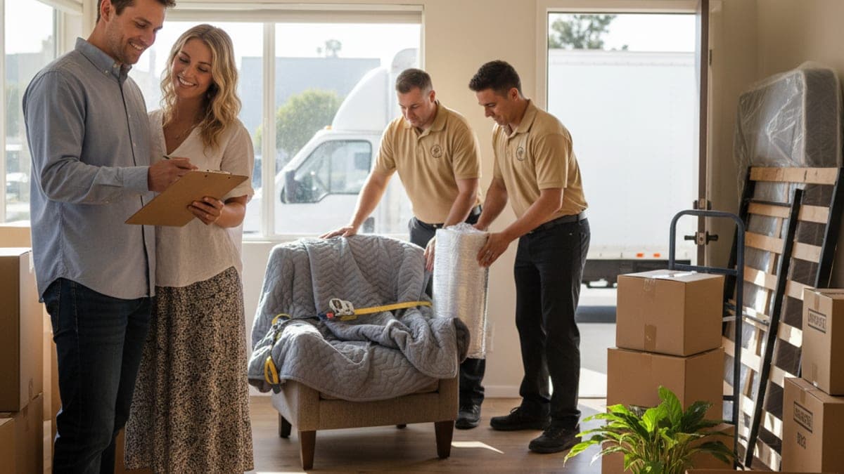Two Master Movers San Diego movers in tan polos loading a wrapped sofa into a 26-foot box truck on a North Park residential street