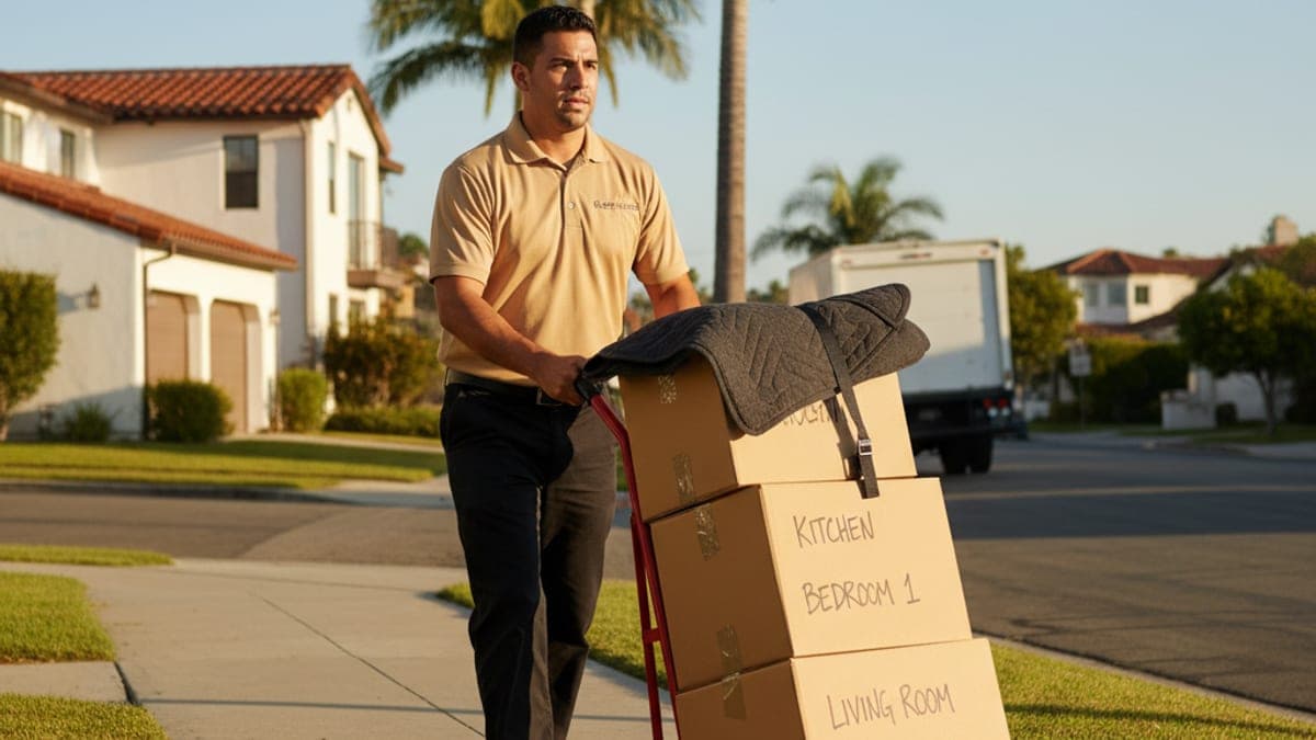 Stacked wrapped furniture and labeled boxes staged in a sunlit San Diego storage space before a move