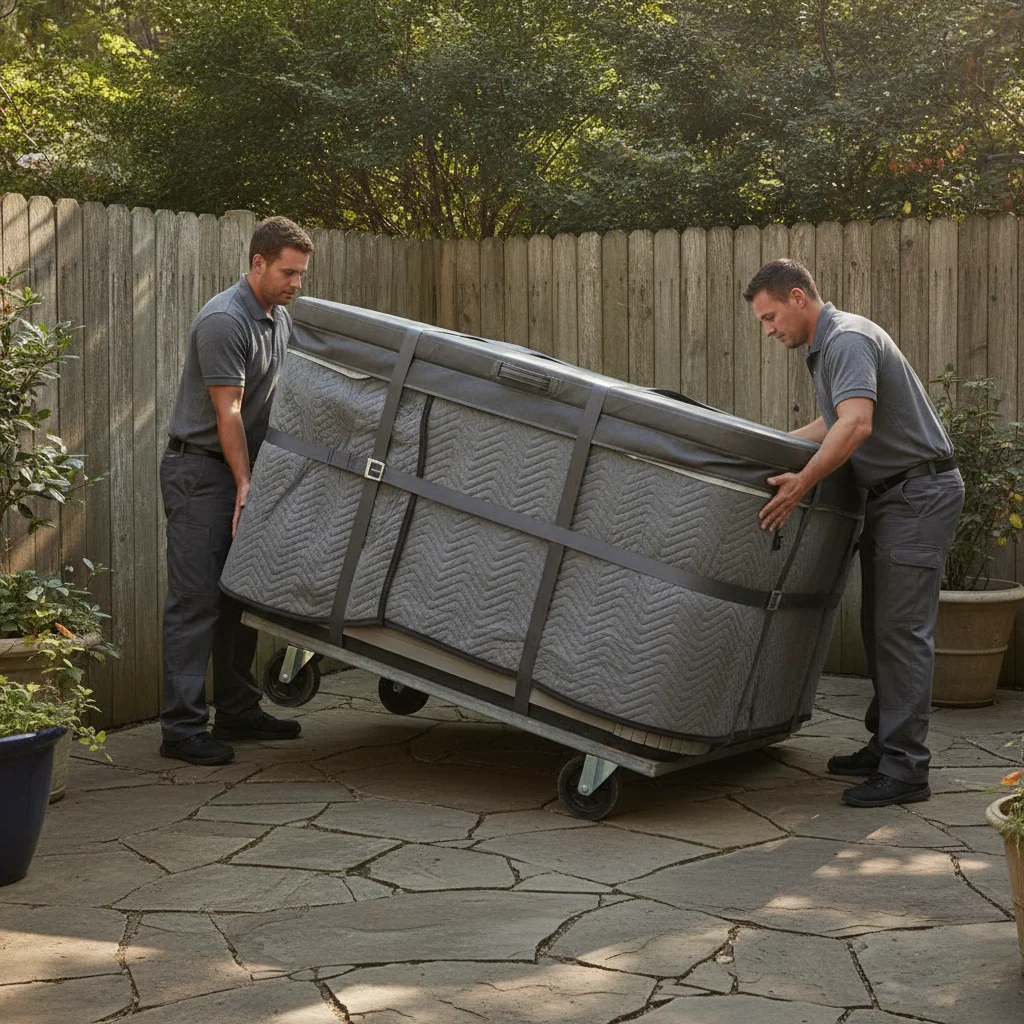 Specialty movers positioning a hot tub on a patio dolly