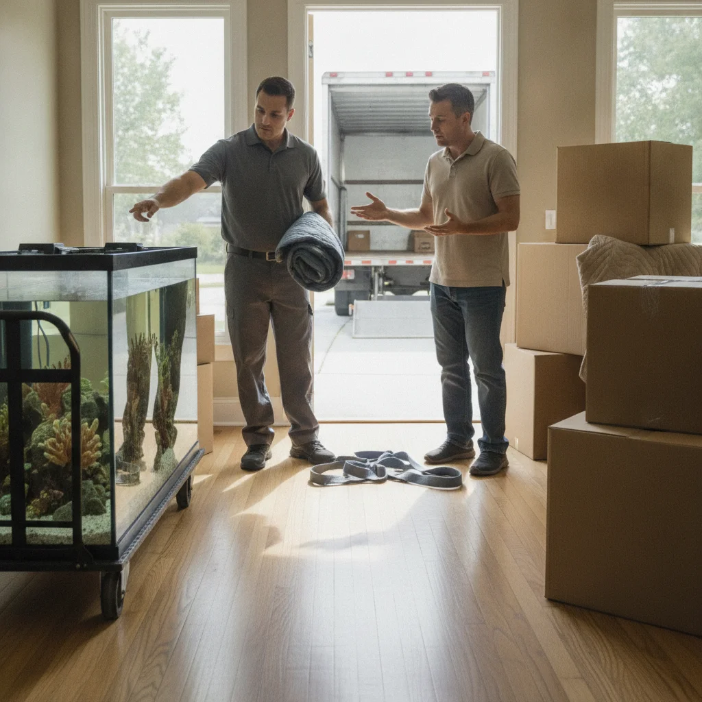 Mover and homeowner inspecting a large household aquarium