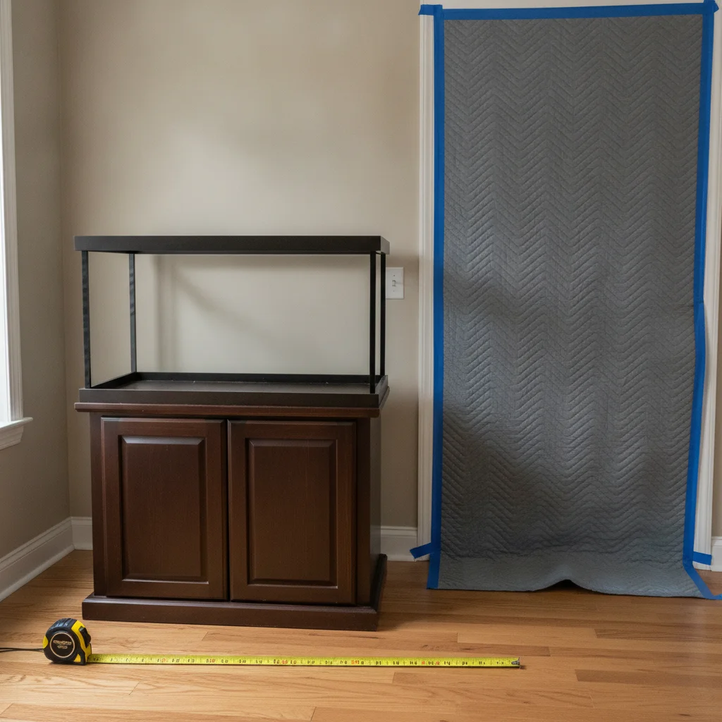 Empty aquarium stand beside a measuring tape and protected doorway