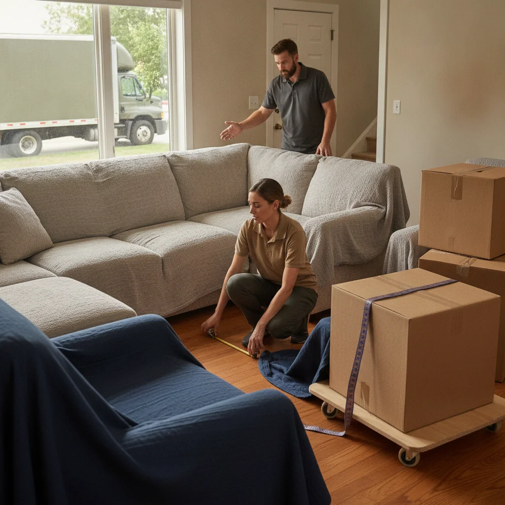 Two movers inspecting a large sectional sofa and its exit path