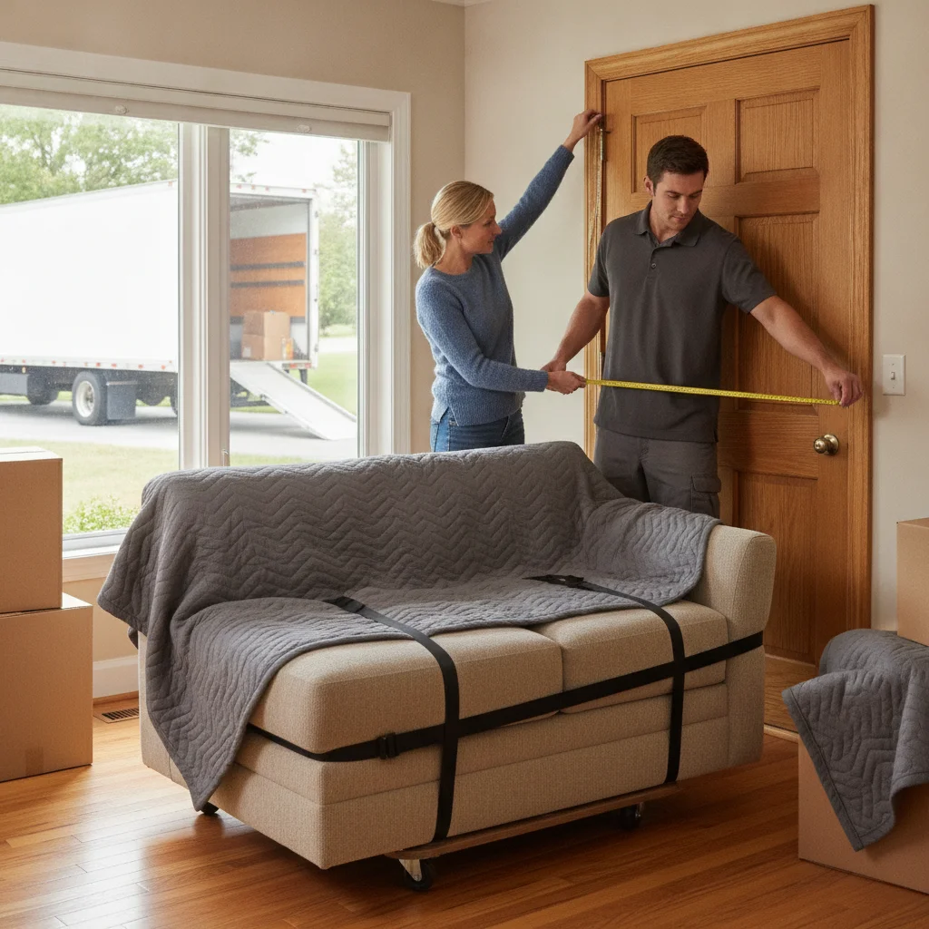 A homeowner and mover measuring a doorway beside a sofa section