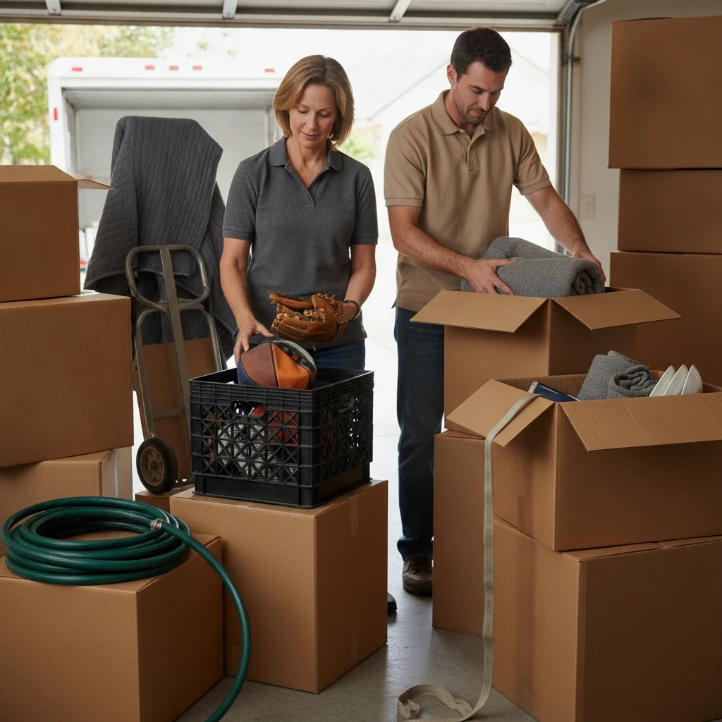 Homeowner and packer sorting ordinary garage items beside plain boxes