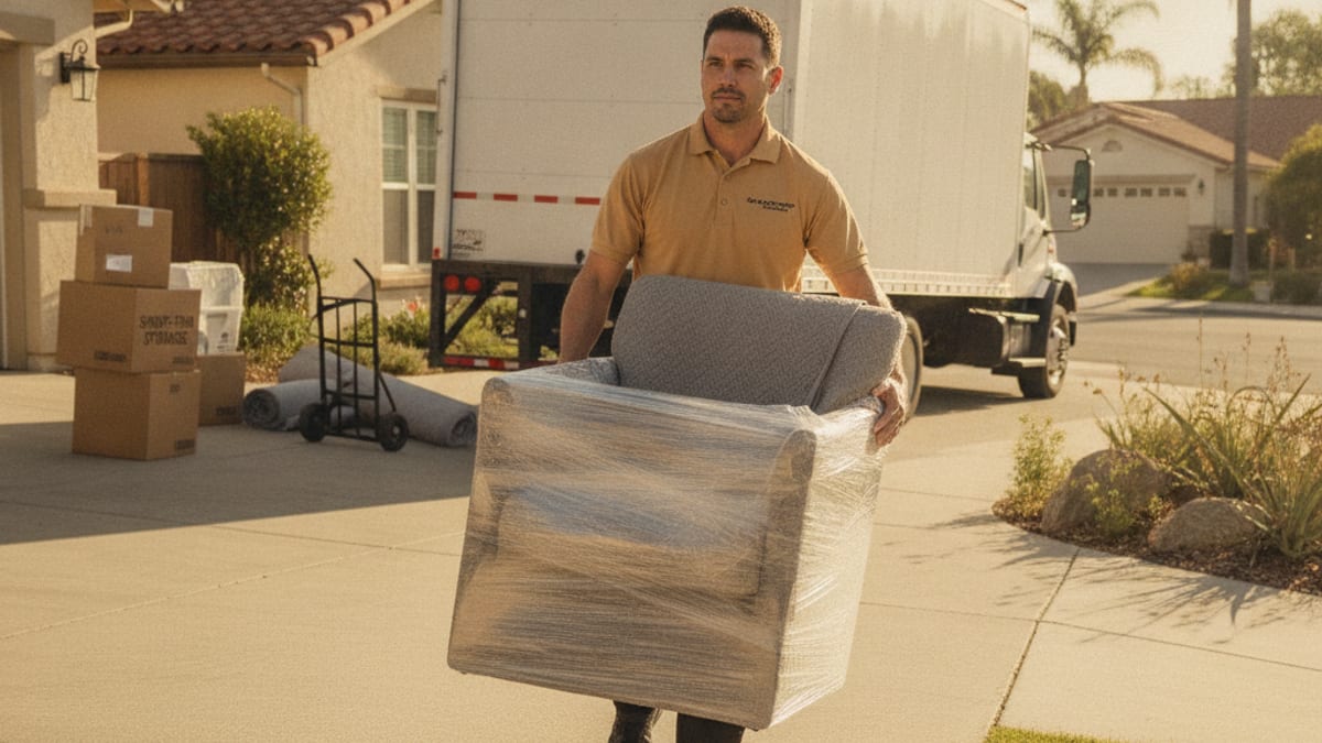 Mover in a golden tan polo carrying a wrapped armchair out of a San Diego home toward a moving truck for short-term storage