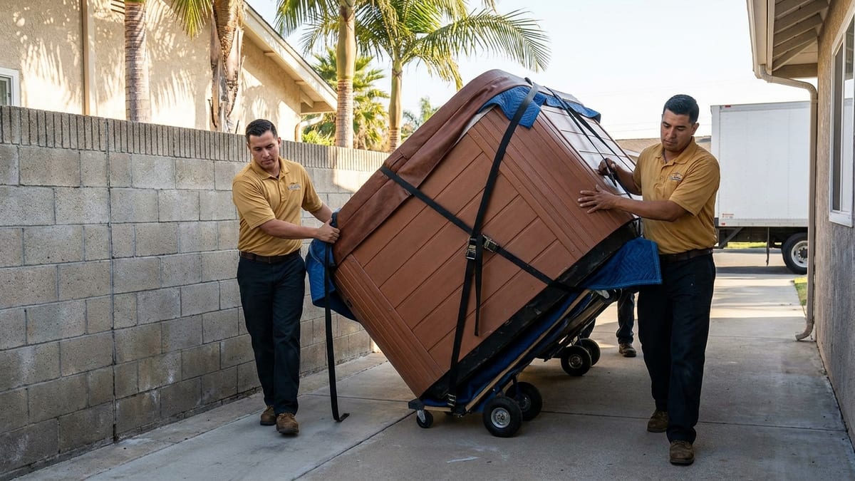 A hot tub tilted on its side on dollies being wheeled along a narrow side yard