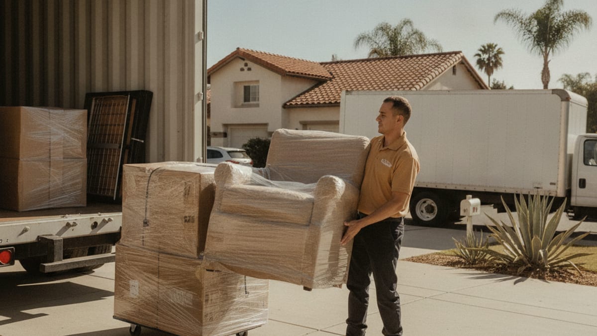 A portable moving container in a San Diego driveway with a mover in a golden tan polo loading wrapped furniture