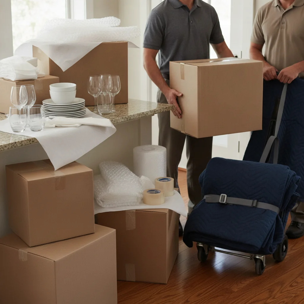 Packing materials staged beside dishes and glassware on a kitchen counter
