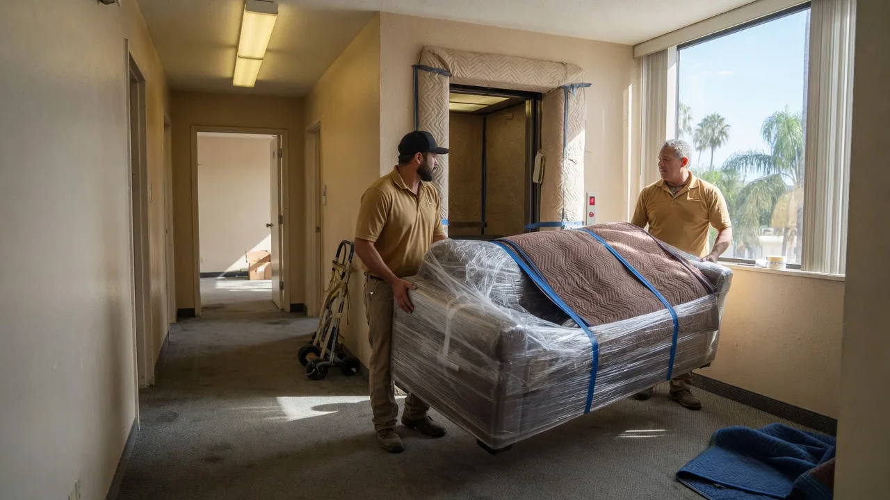 Movers carrying a wrapped sofa down an apartment hallway toward another unit