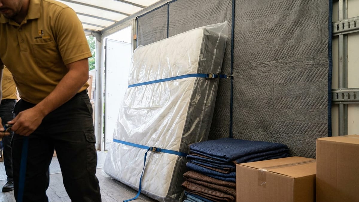 A mattress sealed in a clear bag standing upright and strapped against a truck wall