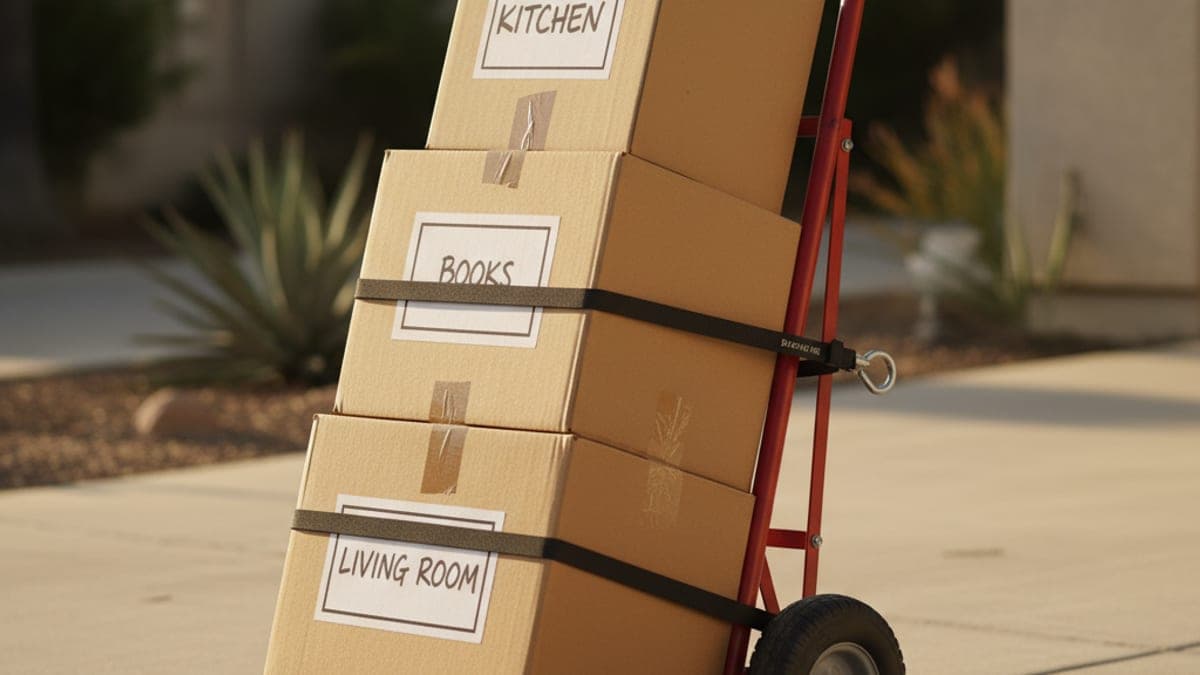Master Movers San Diego mover carrying a wrapped dresser down apartment stairs toward a rented truck