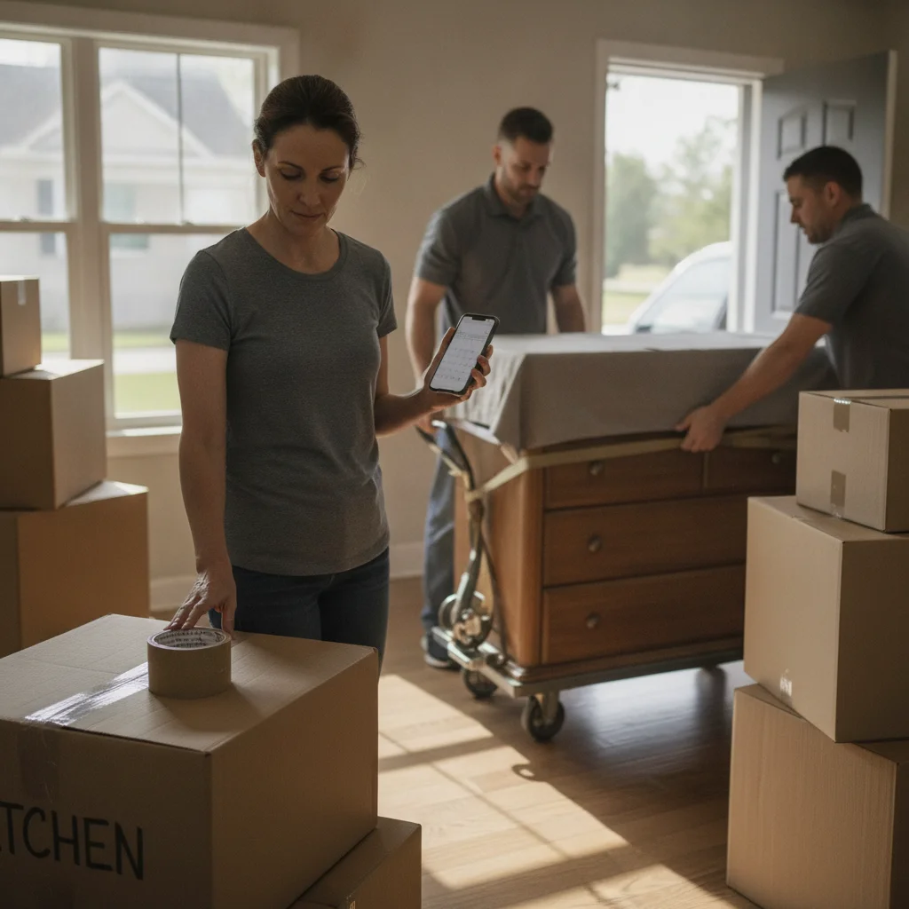 Homeowner reviewing a calendar beside packed moving boxes