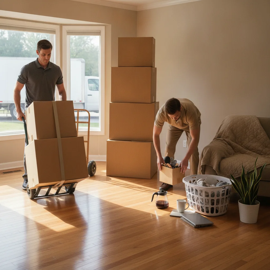 Household essentials separated from stacked moving boxes