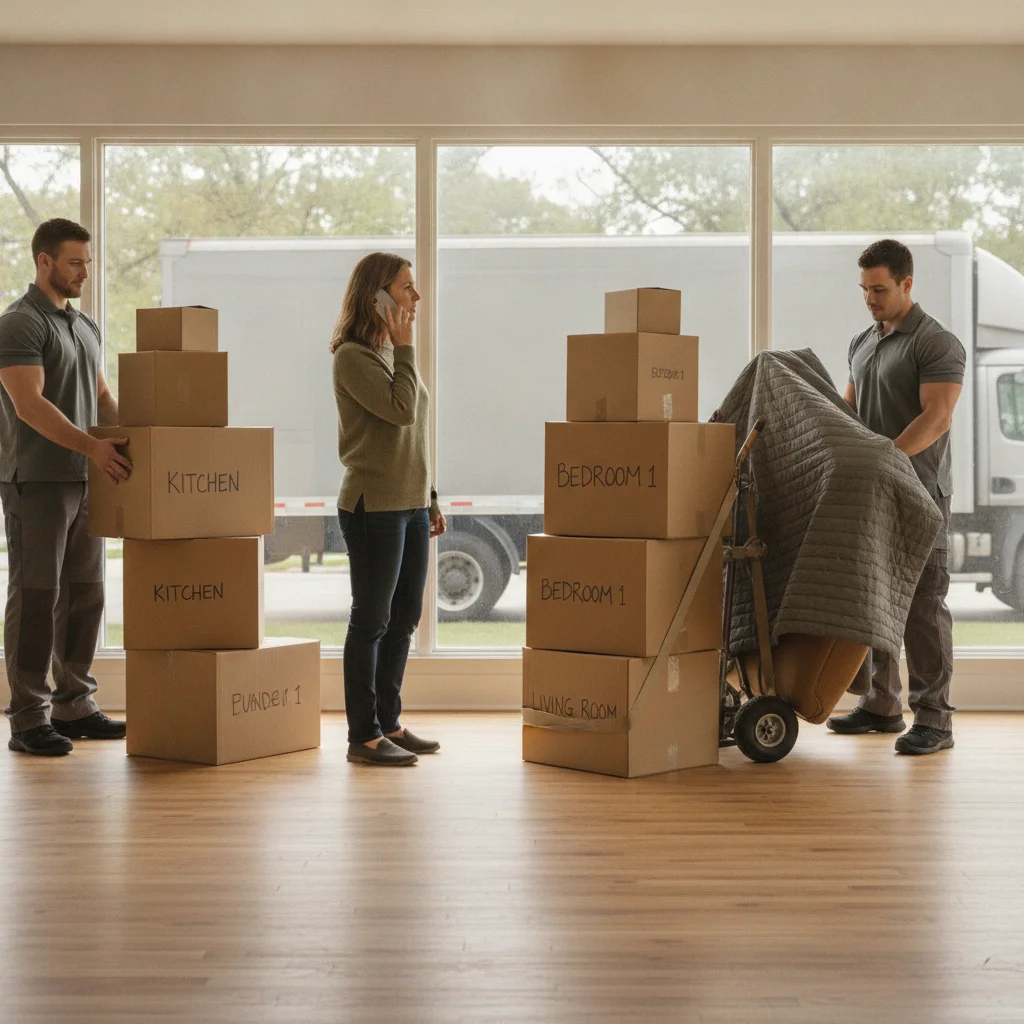 Homeowner calling beside packed boxes in an empty living room