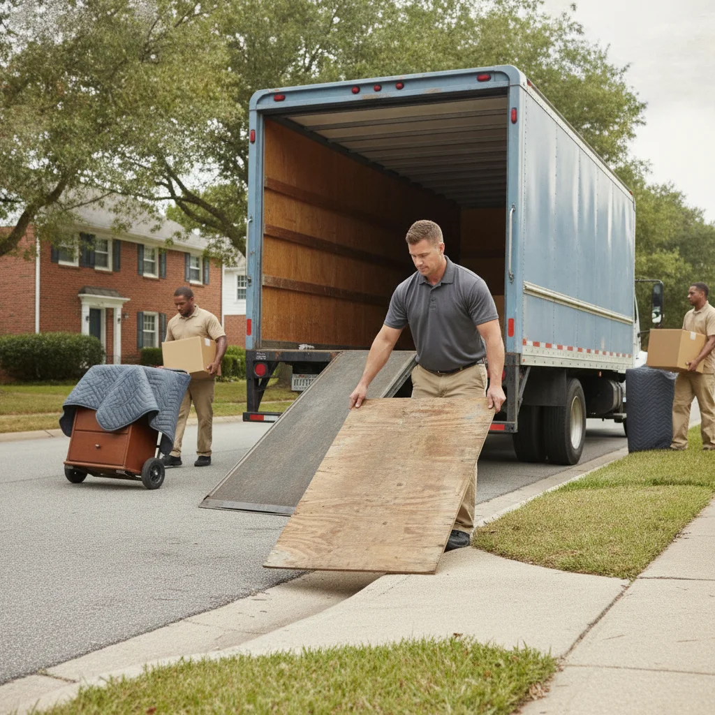 Mover placing a ramp over a residential curb beside a truck