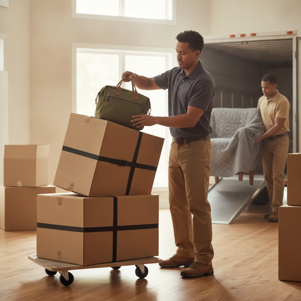 Homeowner separating an essentials bag from moving boxes