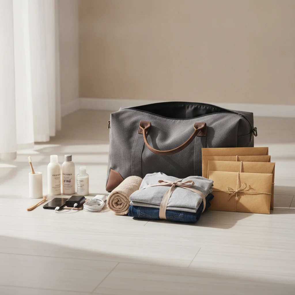 Toiletries, chargers, clothing, and folders beside an overnight bag
