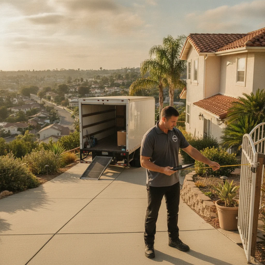 Mover reviewing the driveway and curb access at a La Mesa home