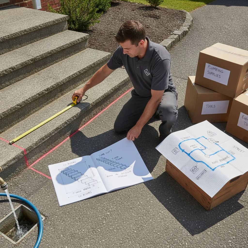 Property access planning scene with stair measurements, curb notes, a simple rou