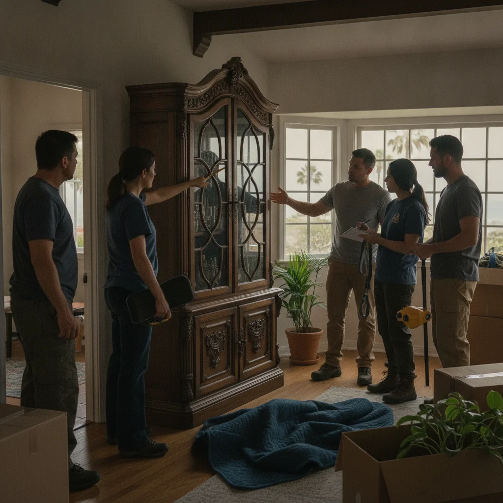 Movers planning a route for a heavy cabinet in a San Diego home