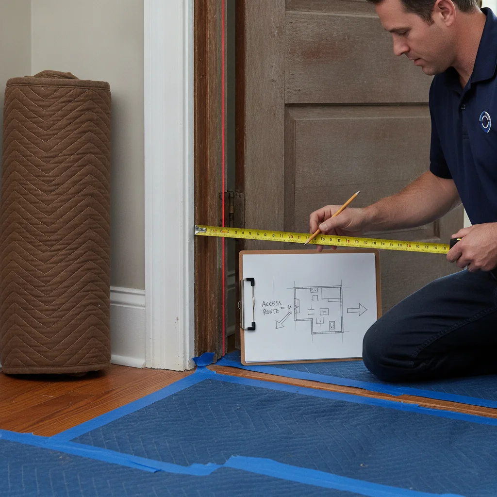 Measured doorway with a protected floor and a furniture item wrapped in a moving blanket