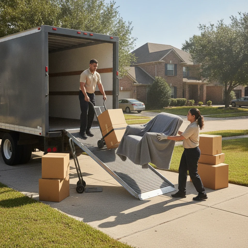 Unbranded moving truck parked beside a residential driveway