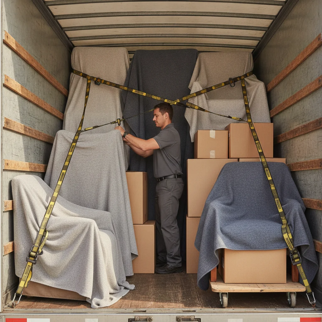 Blanket-wrapped furniture secured inside a moving truck