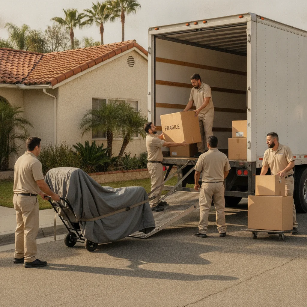 Independent movers loading an unbranded long-haul truck outside a San Diego home