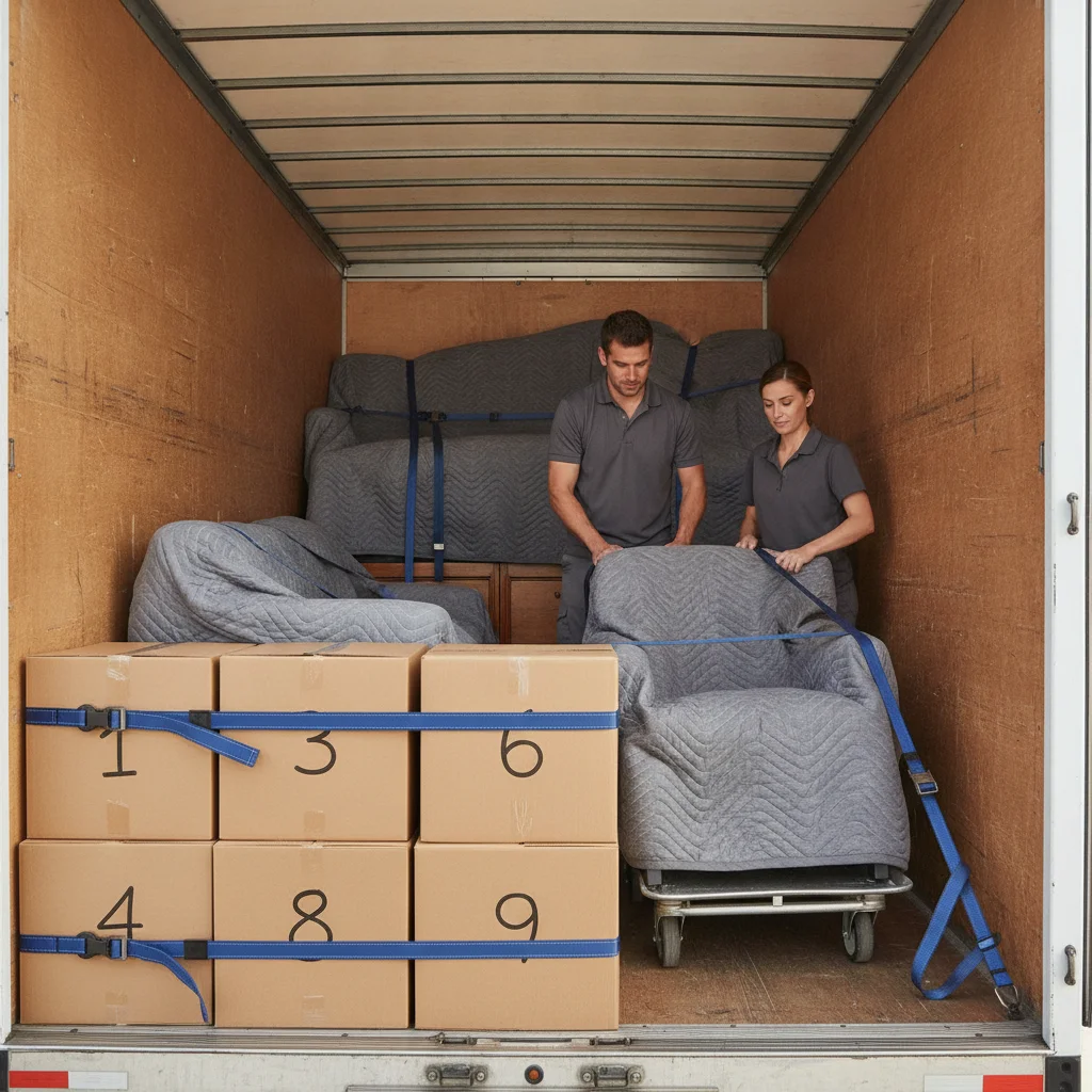 Numbered boxes and blanket-wrapped furniture secured inside an unbranded moving truck
