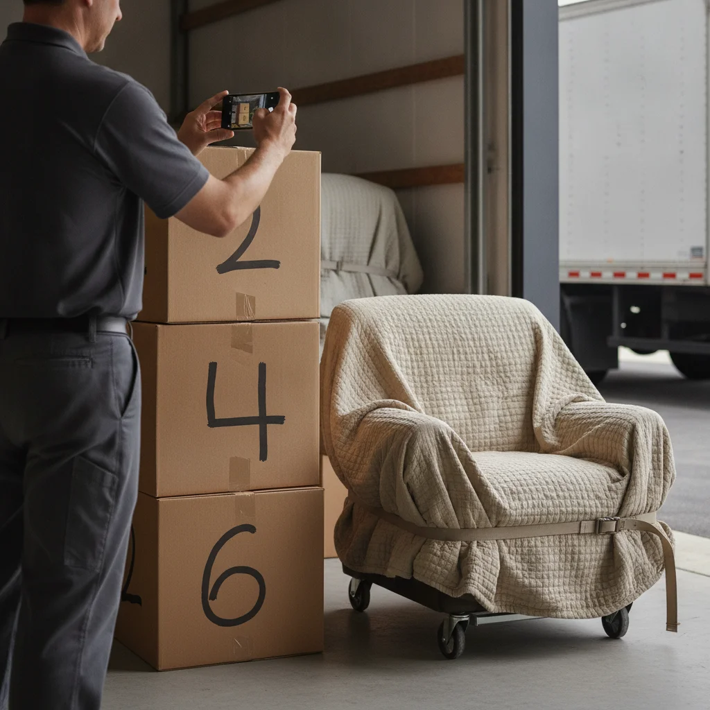 Homeowner photographing numbered boxes and a wrapped chair