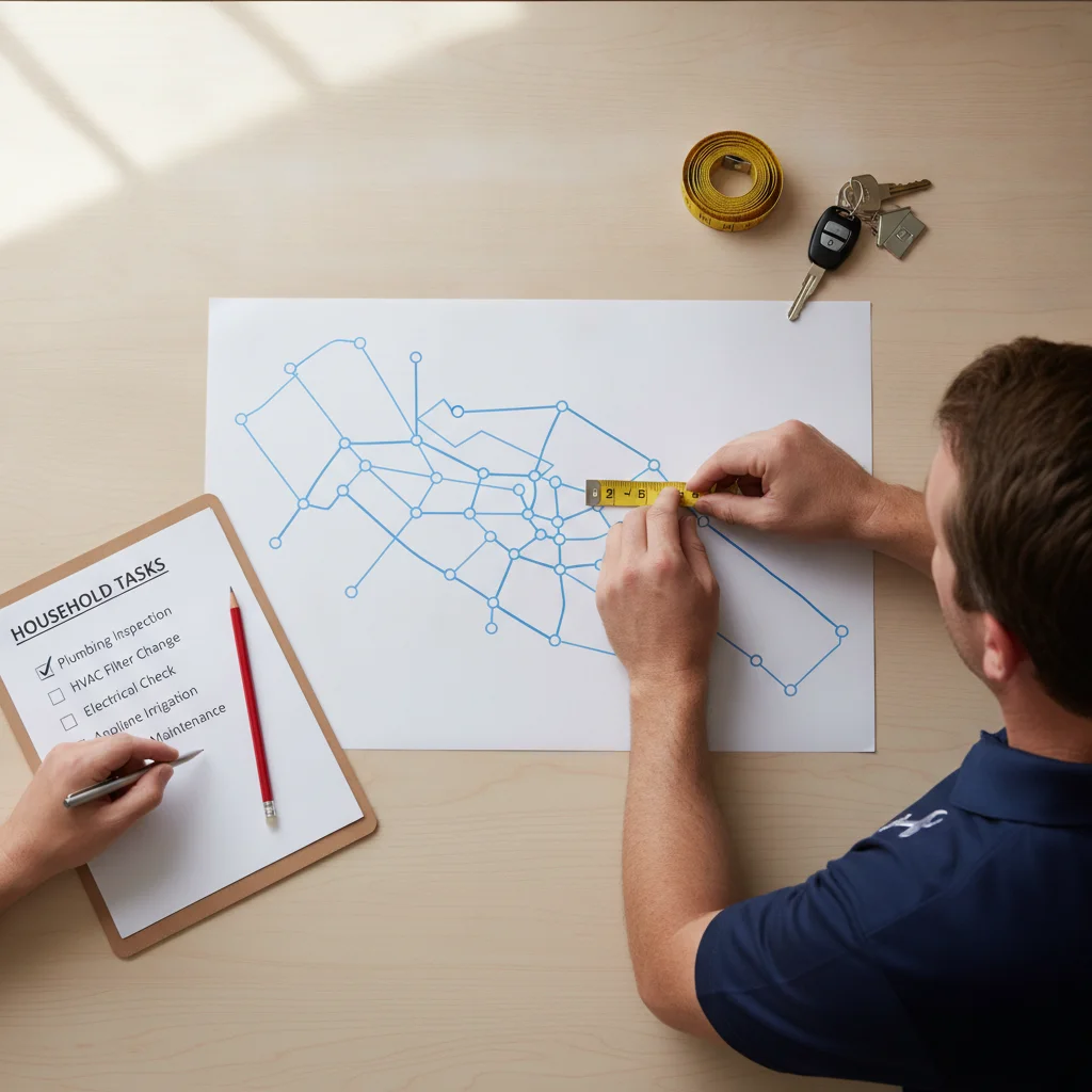 Clean editorial route-planning scene with a San Diego County map, household chec