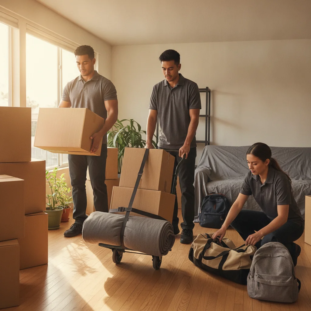 Three San Diego roommates sorting boxes and personal bags