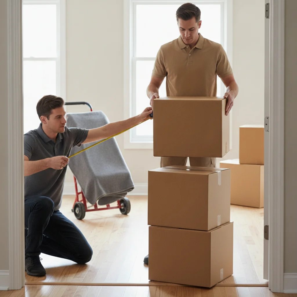Roommates measuring an apartment entrance beside moving boxes